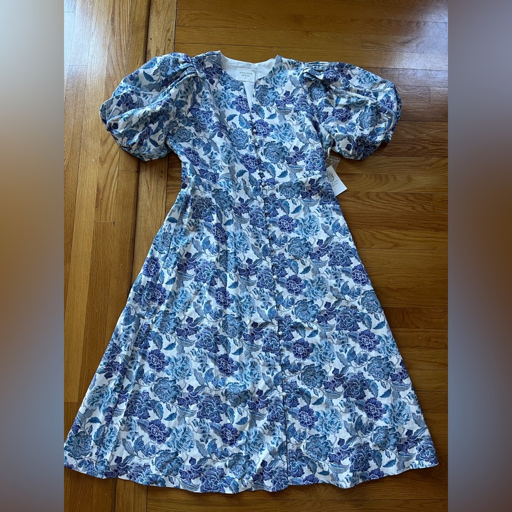 NWT Hyacinth House Blue Floral Puff-Sleeve Midi Dress - Picture 4 of 9